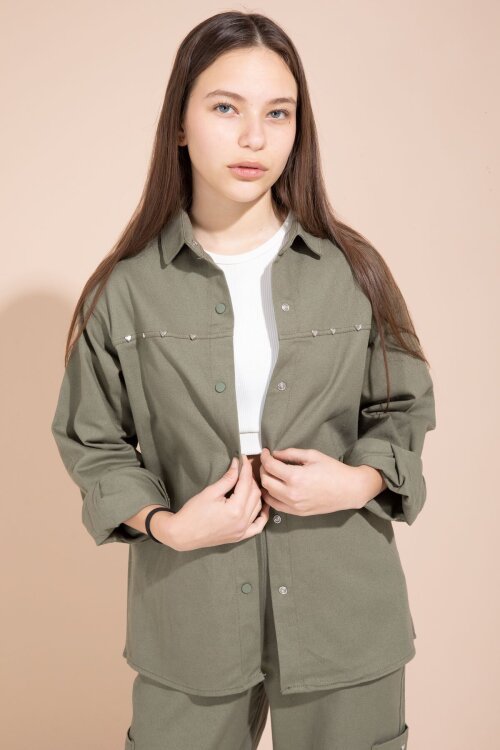 Haki Kalp İşlemeli Gömlekli Geniş Paça Pantolonlu Kız Çocuk Gabardin Takım 23554