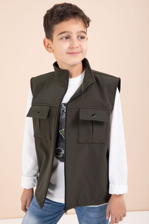 Haki Sıfır Kol Yelekli Badili Erkek Çocuk 3lü Pantolonlu Takım  23488