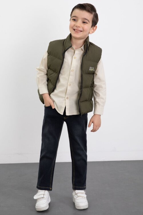 Haki Şişme Yelekli Gömlekli Erkek Çocuk 3lü Pantolonlu Takım 23474