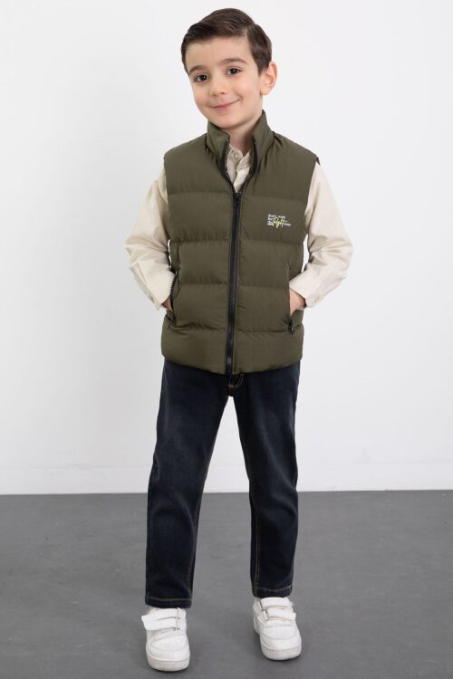 Haki Şişme Yelekli Gömlekli Erkek Çocuk 3lü Pantolonlu Takım 23474