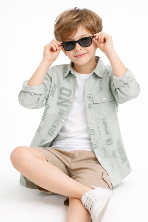 Haki Yazı Baskılı Gömlek Beyaz Tişörtlü Erkek Çocuk 2li Takım 20138