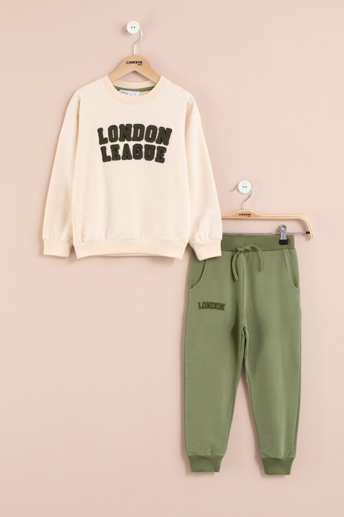 Haki Yazı Nakışlı Erkek Çocuk Bisiklet Yaka Eşofman Takımı 23396