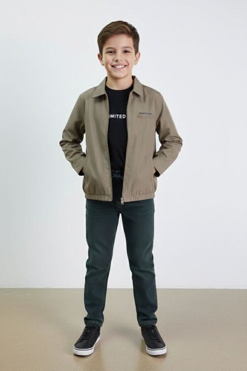 Haki Yazılı Ceketli Jean Pantolonlu Erkek Çocuk 3lü Takım 23376