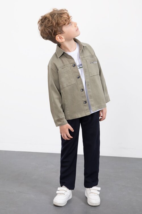 Haki Yazılı Düğmeli Gömlekli Erkek Çocuk Pantolonlu 3lü Takım  23372