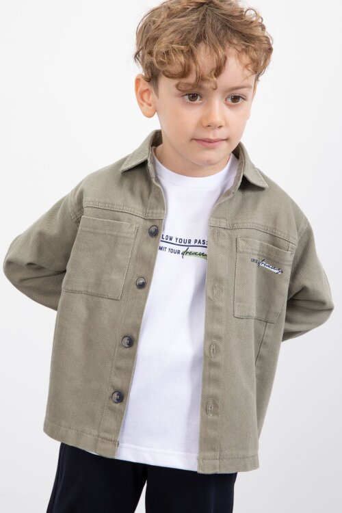 Haki Yazılı Düğmeli Gömlekli Erkek Çocuk Pantolonlu 3lü Takım  23372