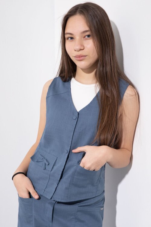 İndigo Cepli Keten Yelekli Yüksek Bel Pantolonlu Kız Çocuk Alt Üst Takım  23547