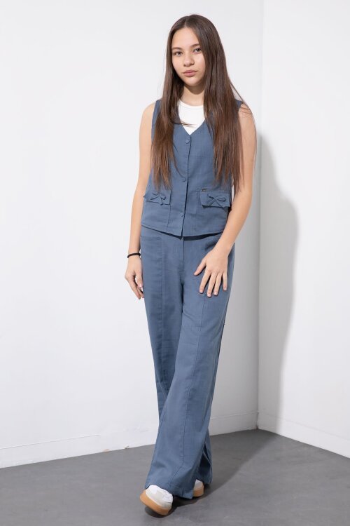 İndigo Cepli Keten Yelekli Yüksek Bel Pantolonlu Kız Çocuk Alt Üst Takım  23547