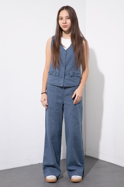 İndigo Cepli Keten Yelekli Yüksek Bel Pantolonlu Kız Çocuk Alt Üst Takım  23547