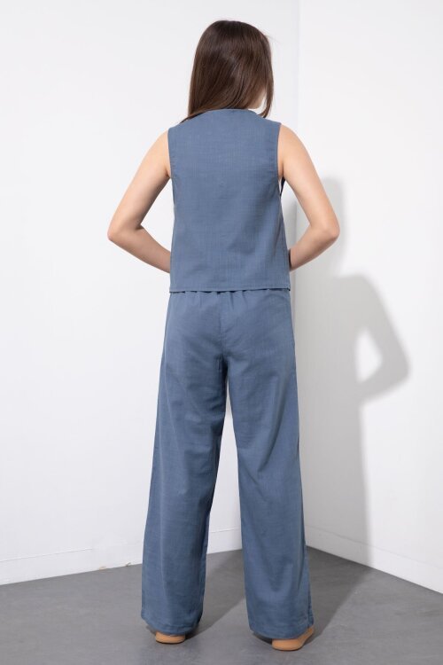 İndigo Cepli Keten Yelekli Yüksek Bel Pantolonlu Kız Çocuk Alt Üst Takım  23547