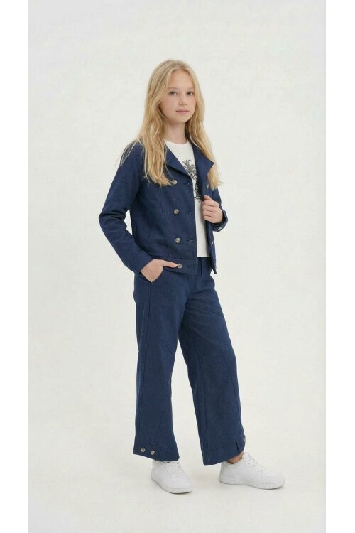 İndigo Çift Düğme Detay Gömlekli Pantolonlu Kız Çocuk Gabardin Takım 23542