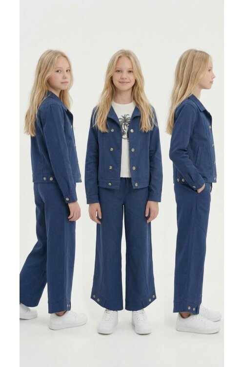 İndigo Çift Düğme Detay Gömlekli Pantolonlu Kız Çocuk Gabardin Takım 23542