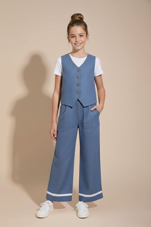 İndigo Düğmeli Keten Yelekli Geniş Paça Pantolonlu Kız Çocuk Takım 23492