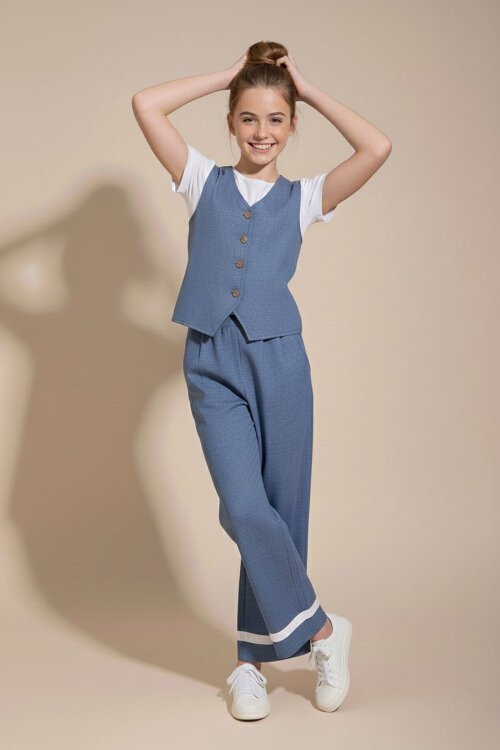 İndigo Düğmeli Keten Yelekli Geniş Paça Pantolonlu Kız Çocuk Takım 23492