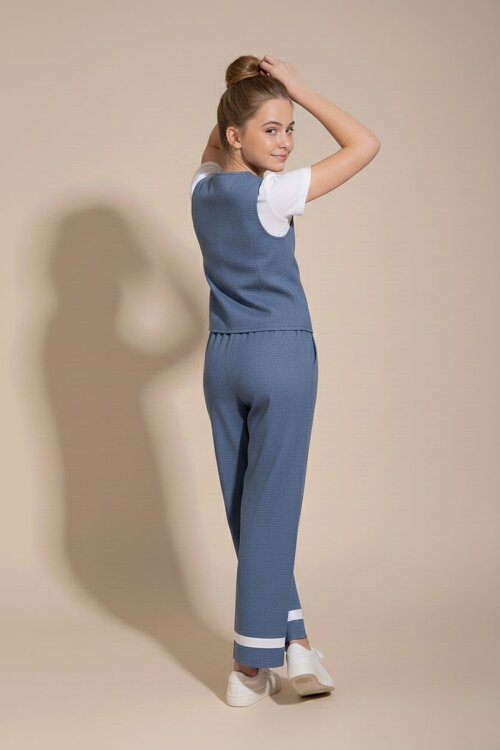 İndigo Düğmeli Keten Yelekli Geniş Paça Pantolonlu Kız Çocuk Takım 23492