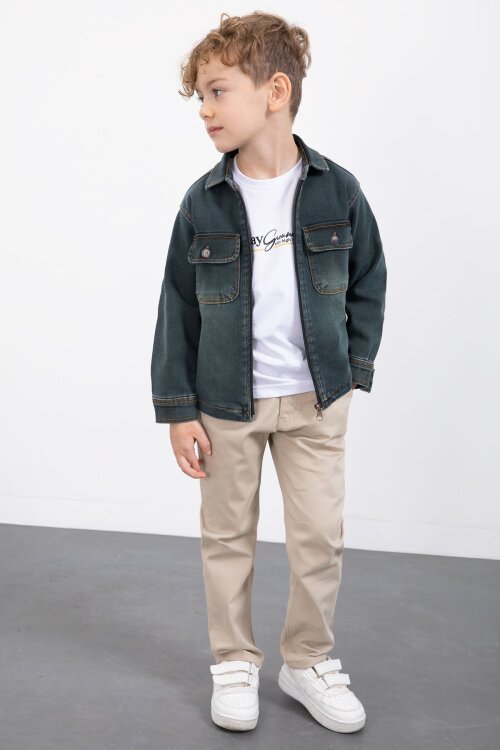İndigo Fermuarlı Jean Ceketli Erkek Çocuk Pantolonlu 3lü Takım 23390