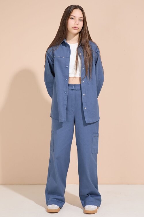 İndigo Kalp İşlemeli Gömlekli Geniş Paça Pantolonlu Kız Çocuk Gabardin Takım 23555