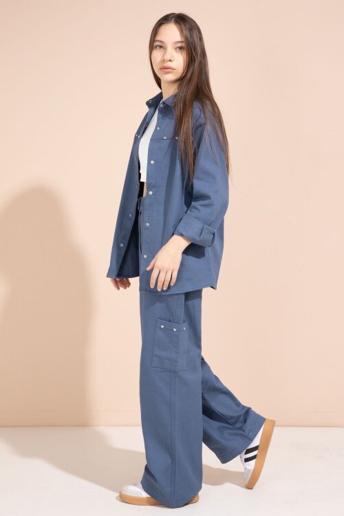 İndigo Kalp İşlemeli Gömlekli Geniş Paça Pantolonlu Kız Çocuk Gabardin Takım 23555