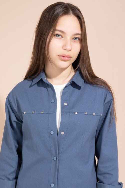 İndigo Kalp İşlemeli Gömlekli Geniş Paça Pantolonlu Kız Çocuk Gabardin Takım 23555