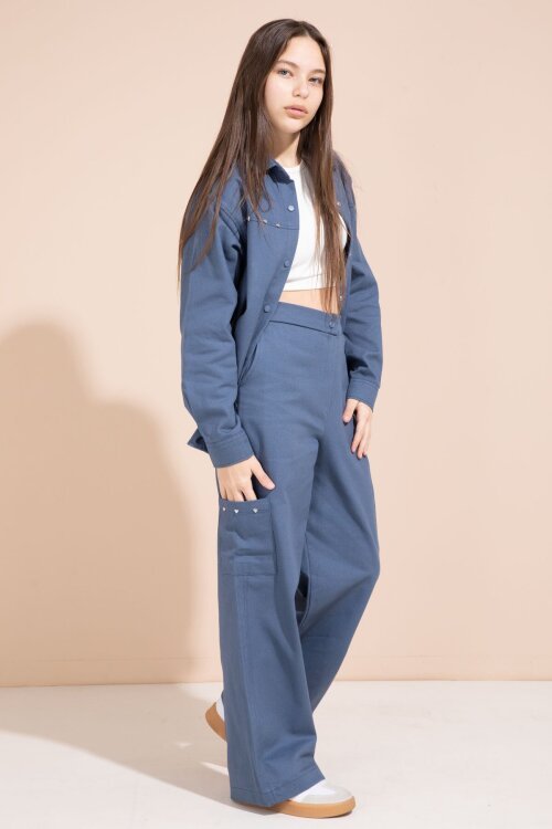 İndigo Kalp İşlemeli Gömlekli Geniş Paça Pantolonlu Kız Çocuk Gabardin Takım 23555