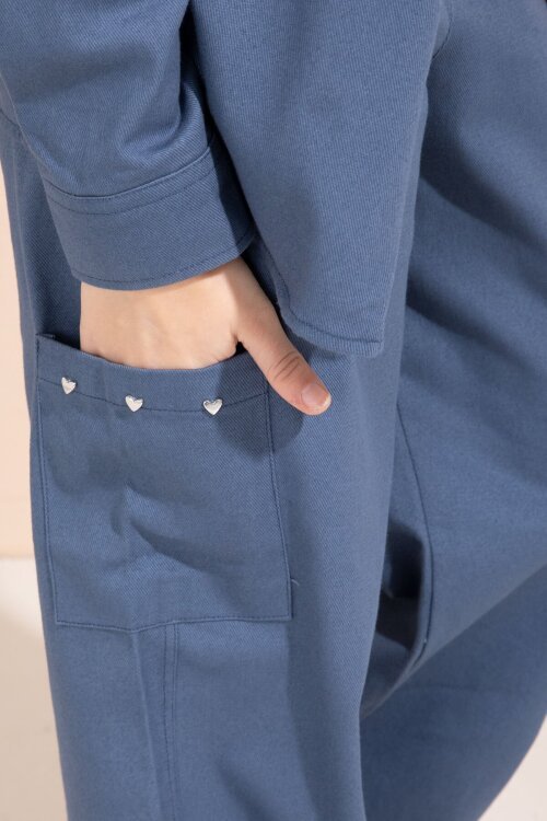 İndigo Kalp İşlemeli Gömlekli Geniş Paça Pantolonlu Kız Çocuk Gabardin Takım 23555