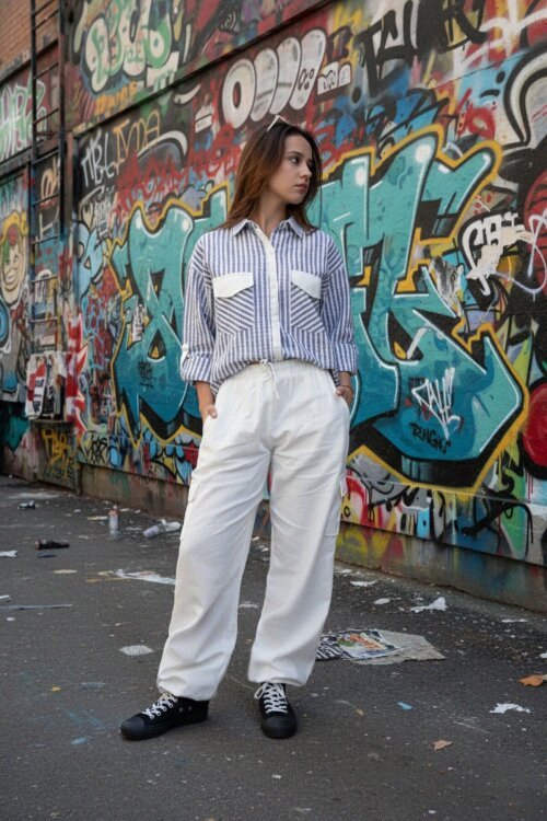 İndigo Kız Çocuk Çizgili Gömlekli Kargo Pantolonlu 2li Takım 23298