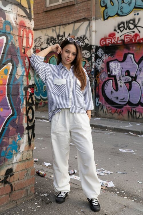 İndigo Kız Çocuk Çizgili Gömlekli Kargo Pantolonlu 2li Takım 23298