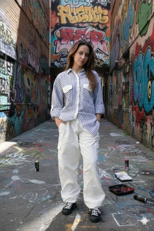 İndigo Kız Çocuk Çizgili Gömlekli Kargo Pantolonlu 2li Takım 23298