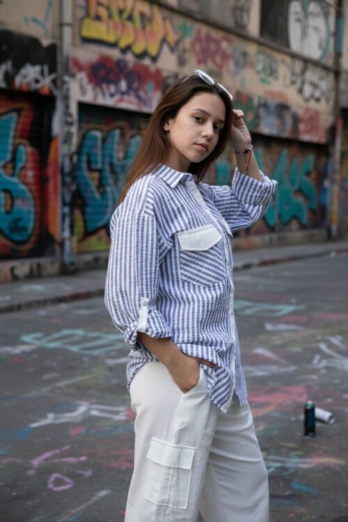 İndigo Kız Çocuk Çizgili Gömlekli Kargo Pantolonlu 2li Takım 23298