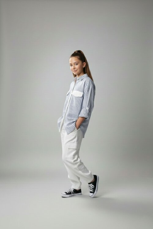 İndigo Kız Çocuk Çizgili Gömlekli Kargo Pantolonlu 2li Takım 23298