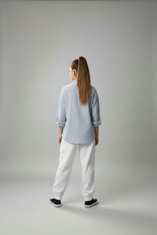 İndigo Kız Çocuk Çizgili Gömlekli Kargo Pantolonlu 2li Takım 23298