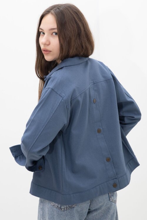 İndigo Sırtı Düğme Detaylı Kız Çocuk Gabardin Kumaş Ceket 23576