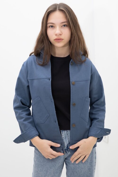 İndigo Sırtı Düğme Detaylı Kız Çocuk Gabardin Kumaş Ceket 23576