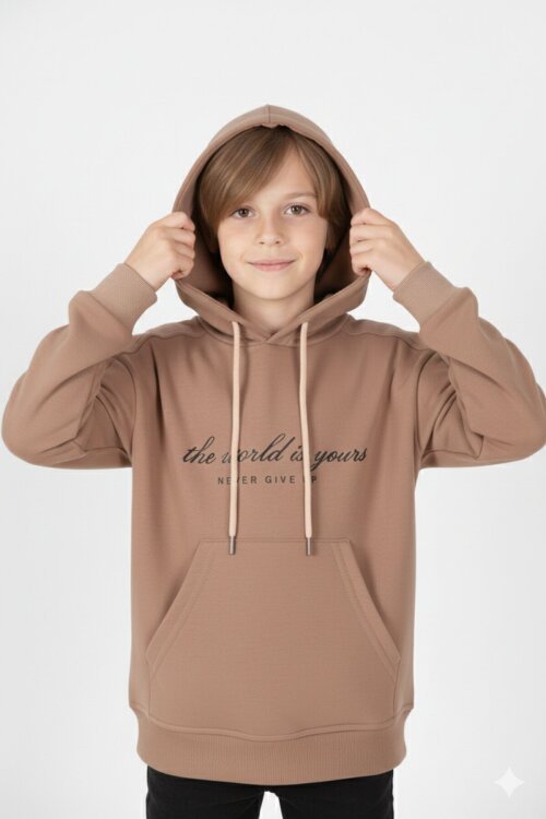 Kahve Göğüs Yazılı Kanguru Cepli Kapüşonlu Erkek Çocuk Sweatshirt 19341