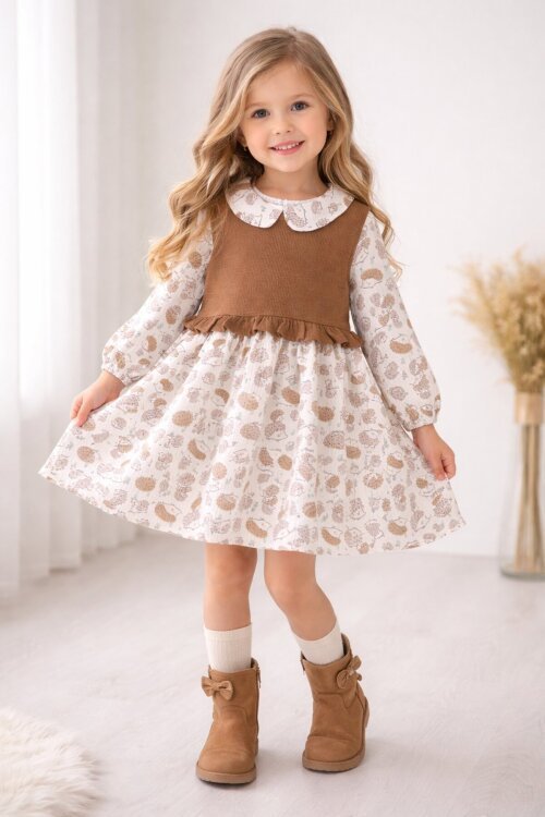 Kahve Kirpi Desenli Süveterli Kız Çocuk Elbise 20221