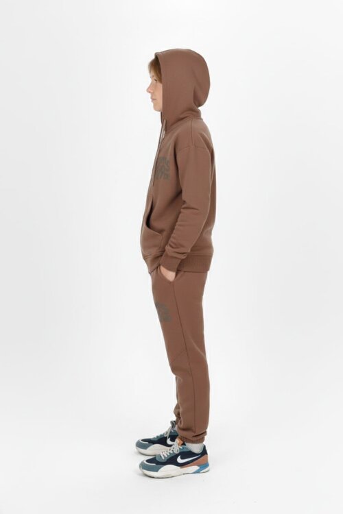 Kahve Yazı Baskılı Kapüşonlu Hırkalı Erkek Çocuk Eşofman Takımı 19227