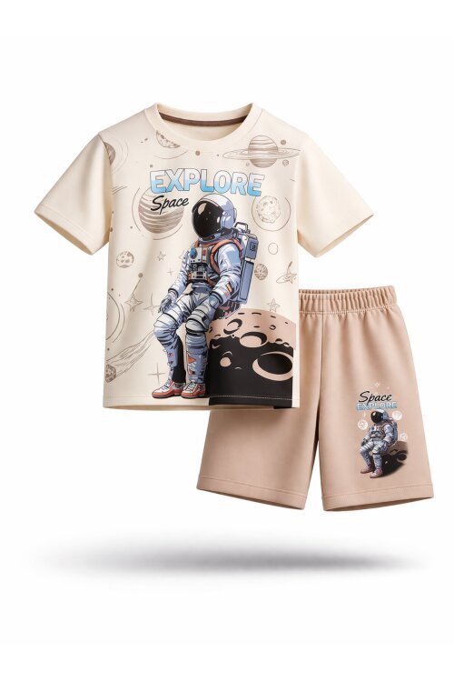 Kahverengi Astronot Uzay Temalı Erkek Çocuk Şortlu Takım 18891
