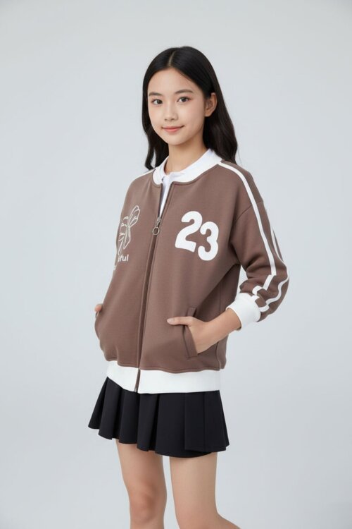 Kahverengi Beautifull Yazılı Kolu Şeritli Kız Çocuk Kolej Hırka 21193