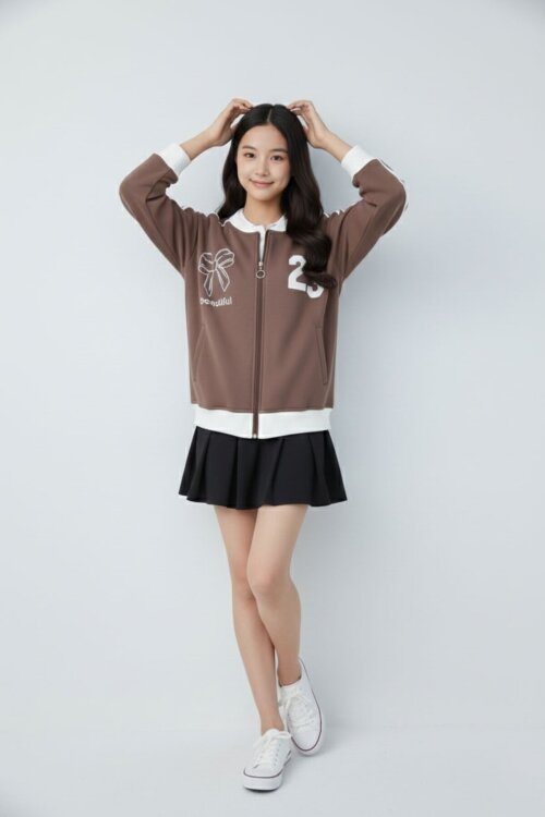 Kahverengi Beautifull Yazılı Kolu Şeritli Kız Çocuk Kolej Hırka 21193