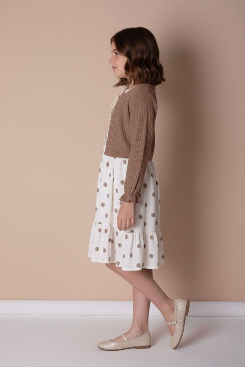 Kahverengi Bolerolu Çiçek Desenli Kuşaklı Kız Çocuk Elbise Takımı  23506