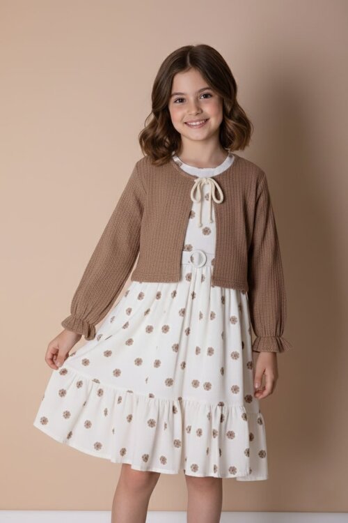 Kahverengi Bolerolu Çiçek Desenli Kuşaklı Kız Çocuk Elbise Takımı  23506