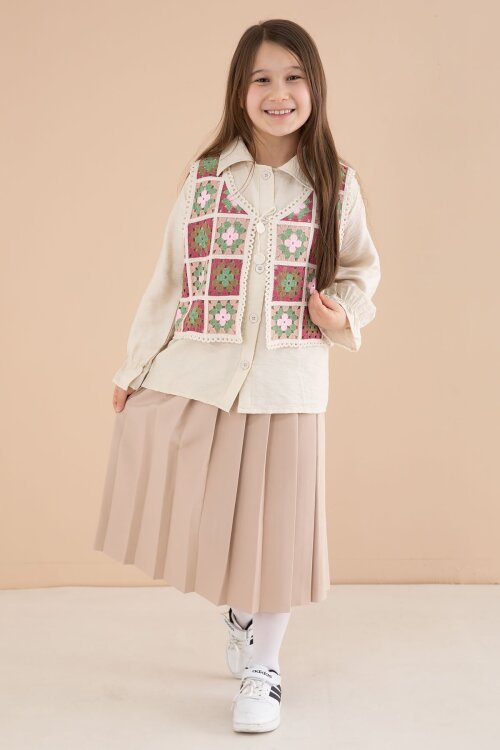 Kahverengi Çiçek Desen Örgü Süveterli Gömlekli Kız Çocuk Etekli 3lü Takım  23583