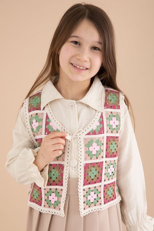 Kahverengi Çiçek Desen Örgü Süveterli Gömlekli Kız Çocuk Etekli 3lü Takım  23583