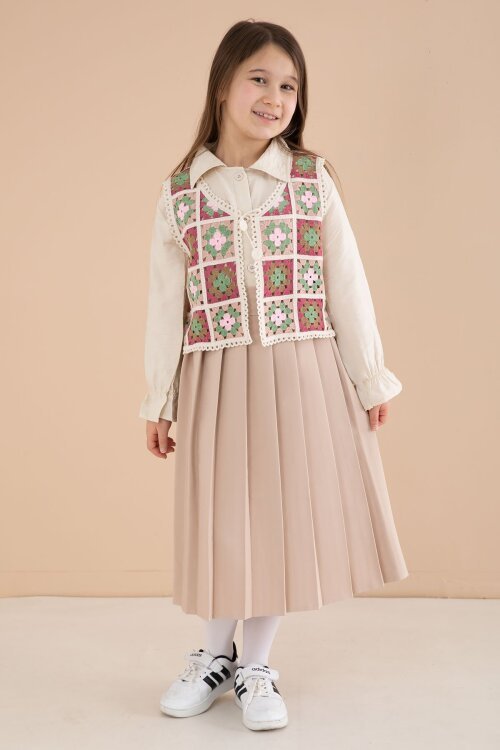 Kahverengi Çiçek Desen Örgü Süveterli Gömlekli Kız Çocuk Etekli 3lü Takım  23583