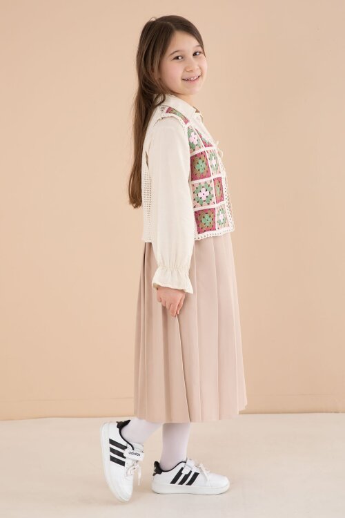 Kahverengi Çiçek Desen Örgü Süveterli Gömlekli Kız Çocuk Etekli 3lü Takım  23583