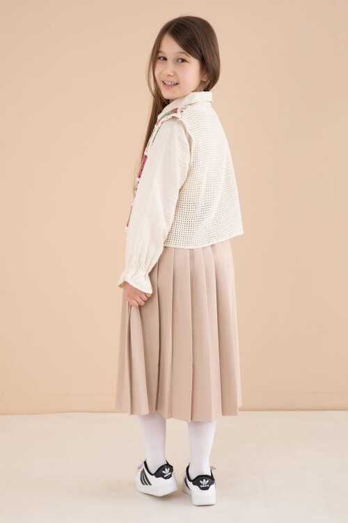 Kahverengi Çiçek Desen Örgü Süveterli Gömlekli Kız Çocuk Etekli 3lü Takım  23583