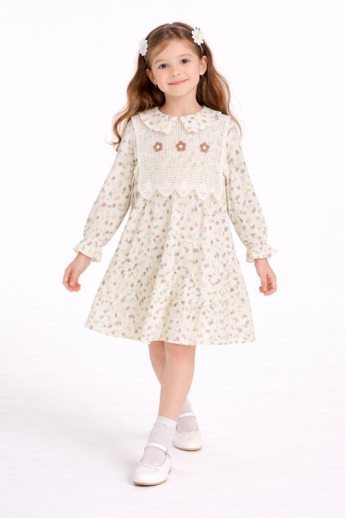 Kahverengi Çiçek Desenli Nakışlı Süveterli Kız Çocuk Müslin Elbise  23580