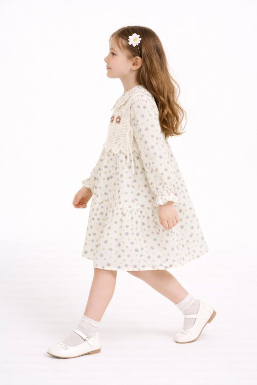 Kahverengi Çiçek Desenli Nakışlı Süveterli Kız Çocuk Müslin Elbise  23580