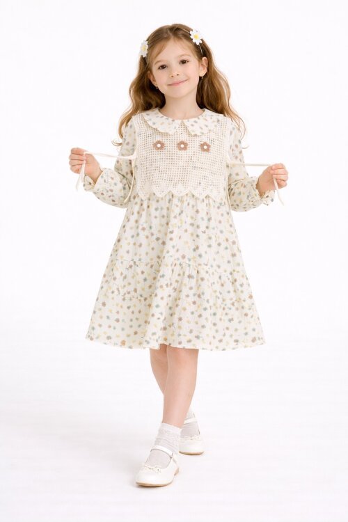 Kahverengi Çiçek Desenli Nakışlı Süveterli Kız Çocuk Müslin Elbise  23580