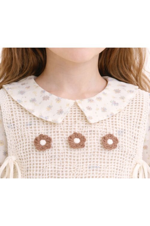 Kahverengi Çiçek Desenli Nakışlı Süveterli Kız Çocuk Müslin Elbise  23580