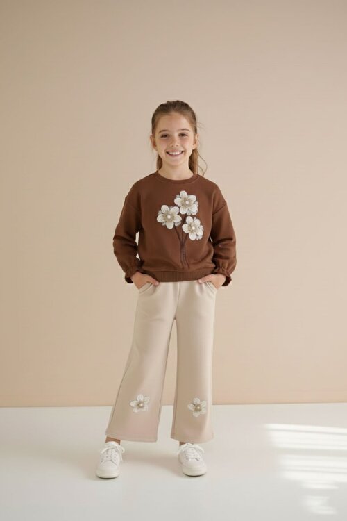 Kahverengi Çiçek Nakış Detaylı Badili Jean Pantolonlu Kız Çocuk 2li Takım 23512
